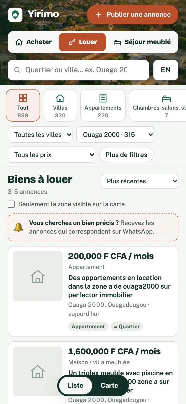 Filtrer par quartier et par prix