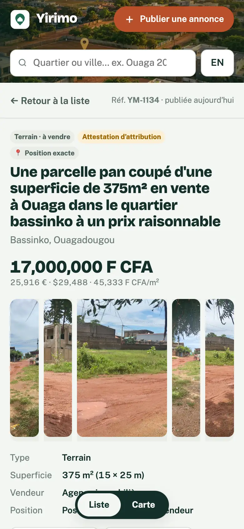 Une annonce sur Yirimo : photos, prix, position exacte