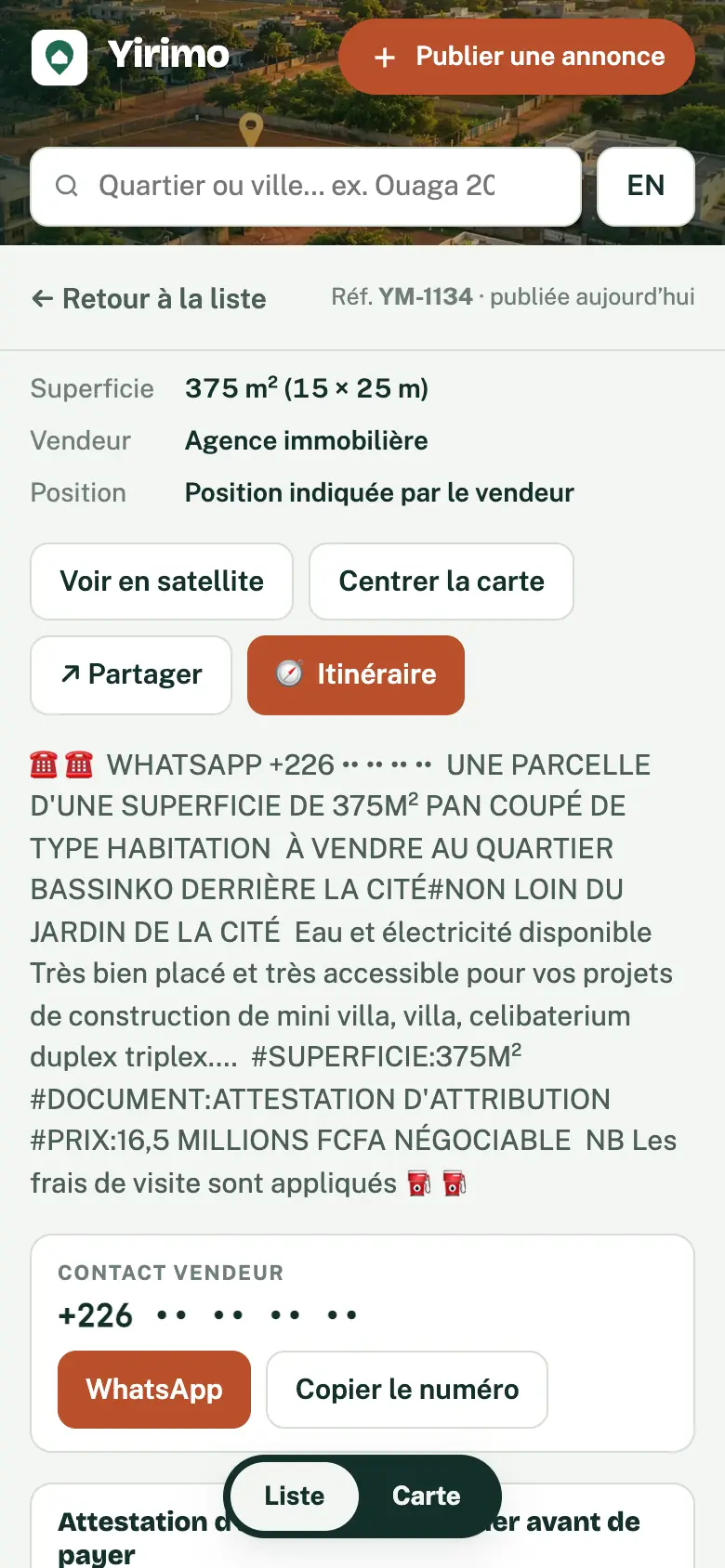 Itinéraire et contact WhatsApp