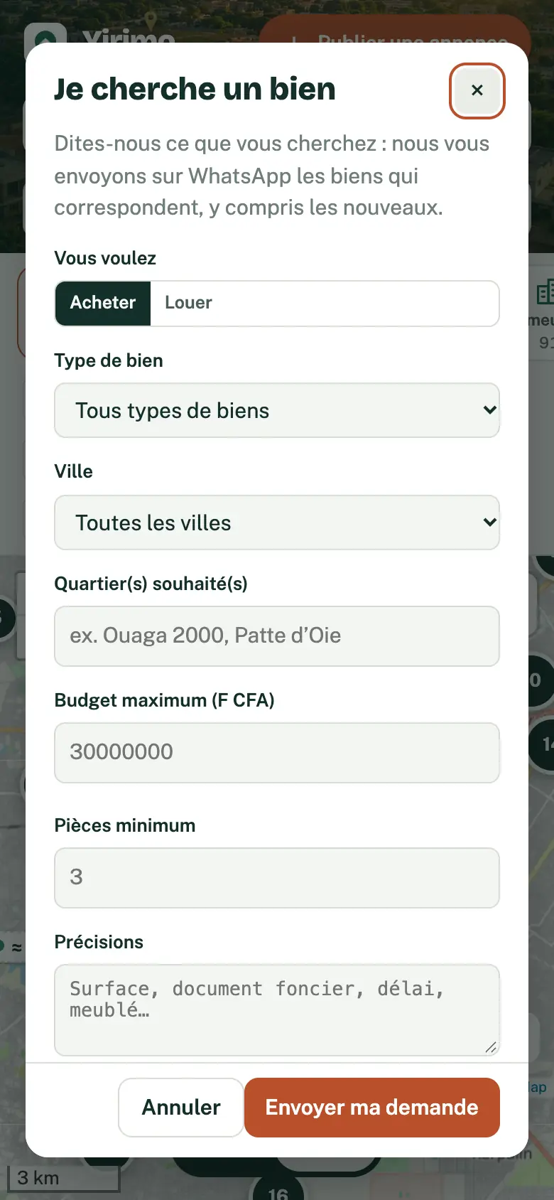 Le formulaire Je cherche un bien