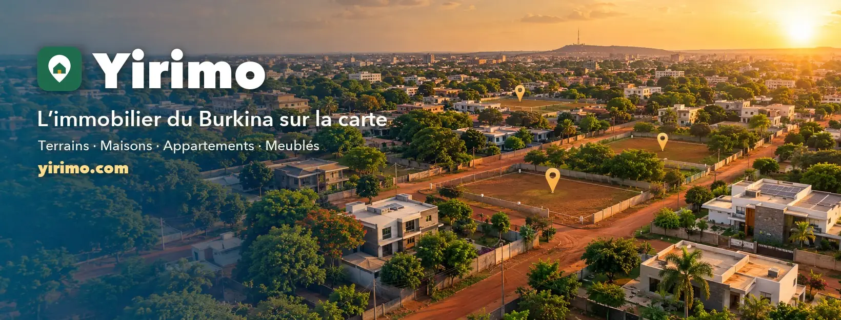 Yirimo — l’immobilier du Burkina sur la carte : vue aérienne de Ouagadougou avec des repères sur des parcelles